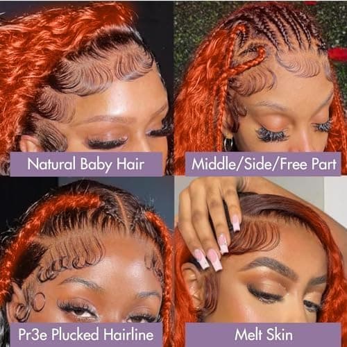 FFEGG 250 density Ginger Deep Wave Lace Front Wigs Human Hair Pre Plucked Hairline Glueless Wigs for Women 13x6 HD Lace Front Wigs Ginger Orange Curly Human Hair Wig Brazilian Hair 30 Inch - Thumbnail 3