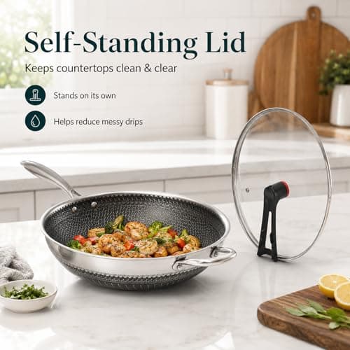 Boryenty 12 Inch Stainless Steel Honeycomb Wok with Standing Lid, Flat Bottom Stir Fry Pan, PFOA-Free Physical Nonstick, Induction Compatible & Dishwasher Safe Wok - Thumbnail 4
