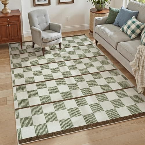STARUIA Green Checkered Area Rug 5x7, Washable Geometric Plaid Rug for Living Room Non Slip Soft Modern Checkerboard Rug, Low Pile Carpet for Bedroom Nursery Dining Room Home Office (Green, 5'x7')