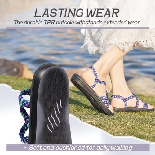 MEGNYA Comfortable Womens Walking Shoes for Supportive, Soft Hand-Woven Strap Sandals for Foot and Heel Pain, Wadable Slide Sandals for Summer Beach Boating Purple Blue Size 6.5 - Thumbnail 6