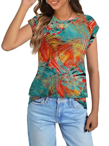 NORACORA Womens Spring Summer Floral Print Blouse Lightweight Cap Sleeve Shirts Dressy Casual Tunic Tshirts Shirts for Women Trendy Tropical Vacation Outfits Tropical Leaves XL - Thumbnail 2