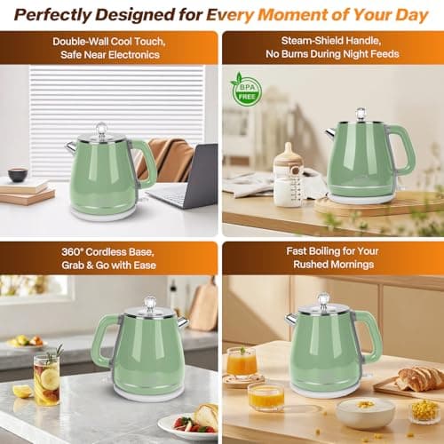 Arcblin Electric Kettle 1.8L, Retro Electric Kettle for Boiling Water, 1350W Fast Boil, Stainless Steel Interior, BPA-Free, Auto Shut Off, Boil-Dry Protection, Sage Green - Thumbnail 6