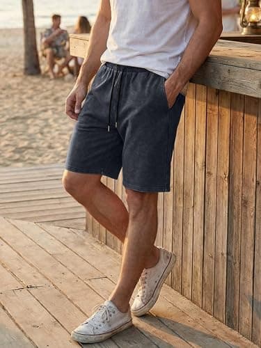 JMIERR 2026 Men's Casual Shorts Comfy Acid Washed Cotton Wide Leg Relaxed Fit Elastic Waist Drawstring Summer Beach Vacation Lounge Shorts, Dark Grey, 3X-Large - Thumbnail 6