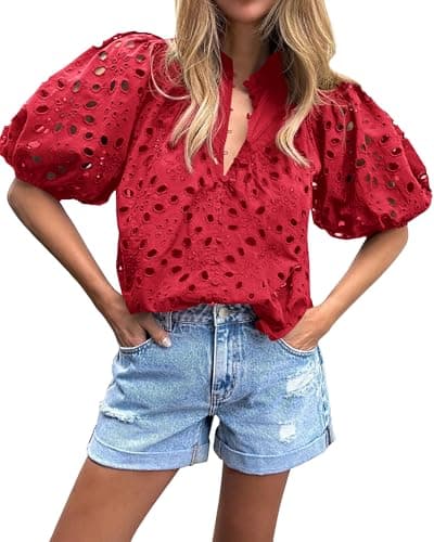 BTFBM Womens Blouses Summer Hollow Out Eyelet Embroidery Tops V Neck Buttons Puff Sleeve Boho Shirts Spring Fashion 2026(Red, Large) - Thumbnail 2
