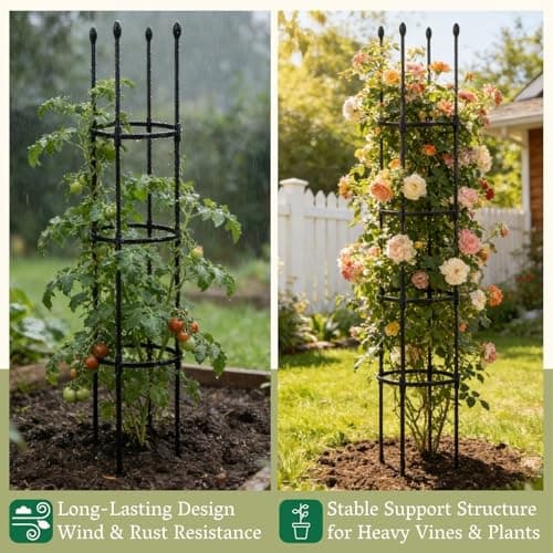 2 Pack Tomato Cages for Garden | Heavy Duty Rustproof Round Tomato Cage | 63 Inch Steel Core Plastic Coated Garden Trellis Plant Support for Tomato, Cucumber, Beans, Flower, Vegetable Indoor Outdoor - Thumbnail 5