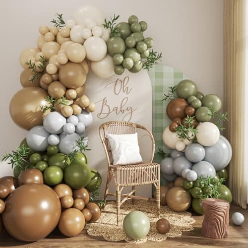 Brown Sage Green Balloon Arch Kit, 124Pcs Nude Blush Dusty Blue Sand White Olive Green for Safari Jungle Woodland Wedding Baby Shower Birthday Party Decorations