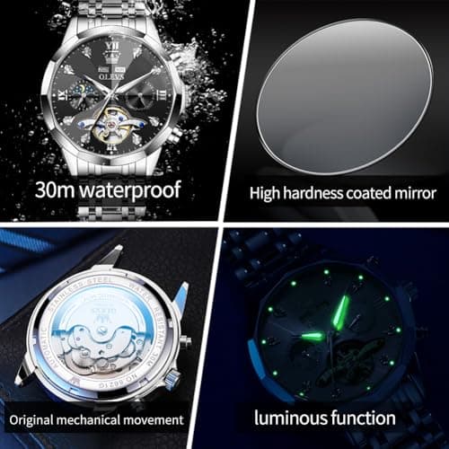 OLEVS Mens Watches Black Automatic Waterproof Watch for Men Luxury Dress Silver Stainless Steel Self Winding Men's Wrist Watches Mechanical Fashion Big Face Diamond Mens Watch Relojes para Hombres - Thumbnail 6