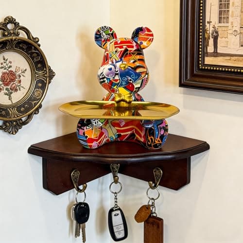 Coniuty Abstract Graffiti Bear Statue with Tray for Candy and Accessory, Eclectic Resin Animal Sculpture Home Decor for Living Room, Office on Table, Shelf and Cabinet (A) - Thumbnail 3