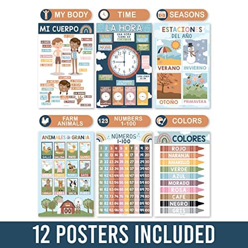 Hadley Designs Spanish Posters for Classroom - 12 Bilingual Educational Posters for Spanish Classroom Decorations Must Haves, Calendario y Alfabeto en Español Para la Pared, Boho Teacher Supplies - Thumbnail 5