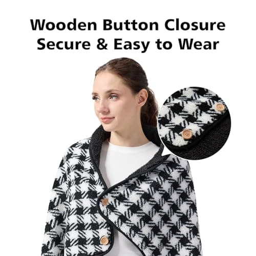 SHINEDOOR Jacquard Sherpa Wearable Blanket Lap Blanket Comfy Poncho Throw with Wooden Buttons Fleece Wearable Blankets for Women Soft Winter Shawl Gifts & Home Black & White Checkered - Thumbnail 6