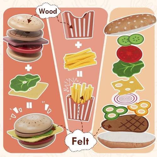 Lehoo Castle Wooden Play Food Sets, Play Hamburger Counter Shop, Toy Food for Toddlers, Play Food Sets for Kids Kitchen, Fake Food Pretend Play for Toddlers 3-5 - Thumbnail 5