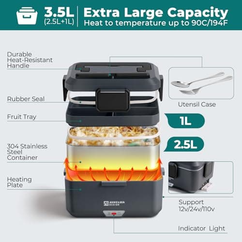 Annie & Mia Design Electric Lunch Box for Adults, 100w 3.5L 2-Layer Portable Food Warmer, Dual Mode 2.5L + 1L Heated Lunch Box for Adults, Home/Car/Office/Truck Use, Lonchera Eléctrica Portátil - Thumbnail 4