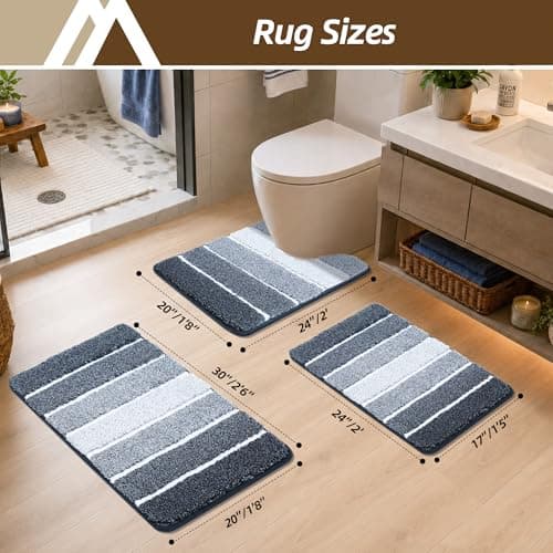 COSY HOMEER Bathroom Rugs 24"x17", Ultra Soft Absorbent Bath Mat with Non-Slip TPR Backing, Machine Washable Shaggy Rug for Bathroom Floor, Dark Blue & White - Thumbnail 2