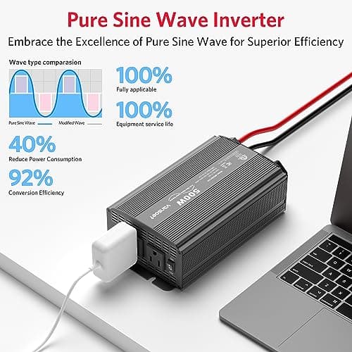 VANSOET 500W Pure Sine Wave Power Inverter DC 12V to 110V AC Car Inverter Adapter with 4.2A Dual USB Charging Ports and 2 AC Outlets Inverter(Black) - Thumbnail 3