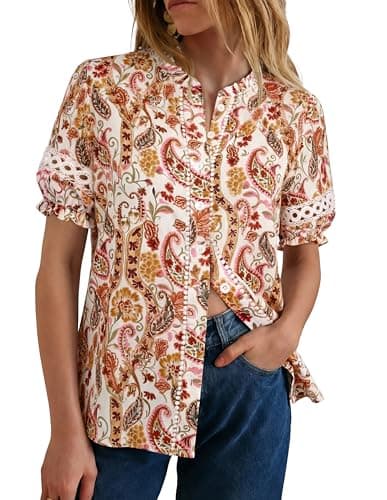 GRACE KARIN Women Boho Floral Tops, Summer Short Eyelet Sleeve Dressy Casual Shirts, Spring Button Down Blouse 2026 Trendy Red Orange X-Large - Image 1