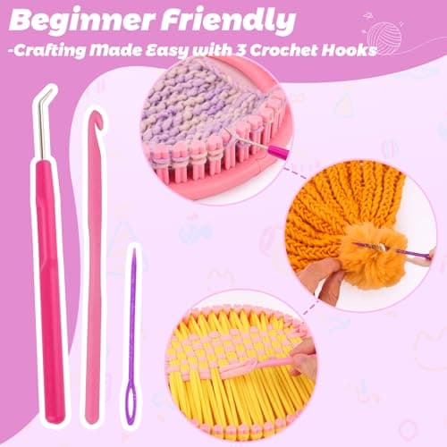 Knitting Loom Craft Kit for Kids & Beginners - Create Hat & Scraf with Yarn, Hook Needle, Ideal Birthday Christmas Gifts for Teens Girls Age 6-8 8-12 14+, Pink Loom - Thumbnail 4