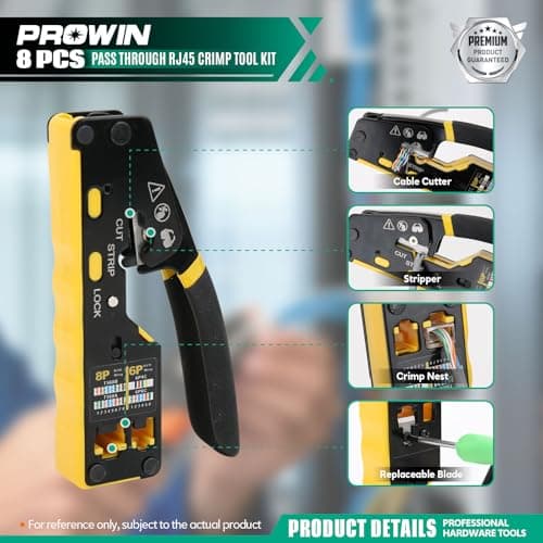 Prowin Pass Through RJ45 Crimper Kit with Cable Tester, Ethernet Crimping Tool for Cat5 Cat5e Cat6 Cat6a & RJ11 RJ12 Connectors (Includes Stripper, Blades) Professional Network Tool Set - Thumbnail 2