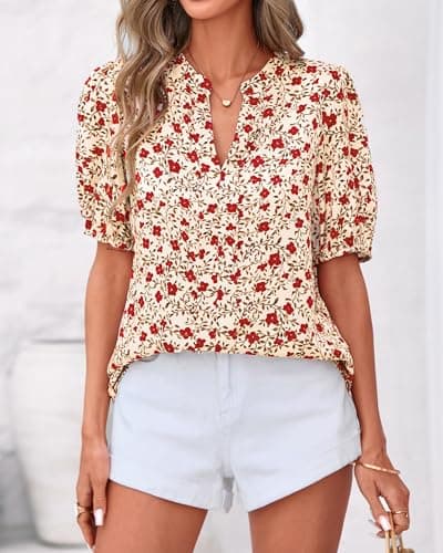 BTFBM Womens Tops 2026 Spring Casual Loose Puff Sleeve V Neck Floral Satin Work Blouse Dressy T Shirts Silk Tunics(Floral Apricot Red,Large) - Thumbnail 3