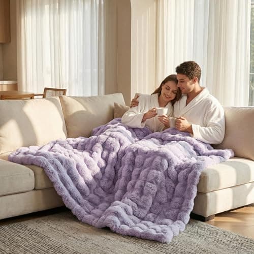 DREAMNINE Soft Faux Bubble Rabbit Fur Throw Blanket for Couch, Thick Cozy Decorative Warm Fuzzy Fur Blanket for Sofa Chair Bedroom Living Room Dorm Gift, 50 * 60 Inches, Lilac Purple - Thumbnail 3