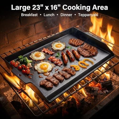 BLUES GRILL PARTS 23" x 16" Enameled Cast Iron Universal Griddle - Pre-Seasoned Nonstick Surface, Reinforced Ridges & Extra High Sidewalls, Flat Top Plate for Gas/Charcoal Grills - Thumbnail 4