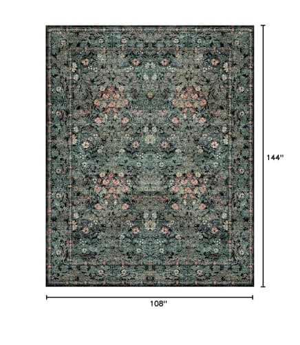 Farmhouse 9x12 Dark Green Floral Living Room Area Rugs, Large Washable Vintage Distressed Rug for Bedroom, Dining Room Under Table, Moody Low Pile Non-Slip Retro Carpet, Soft Boho Art Deco Mat - Thumbnail 2