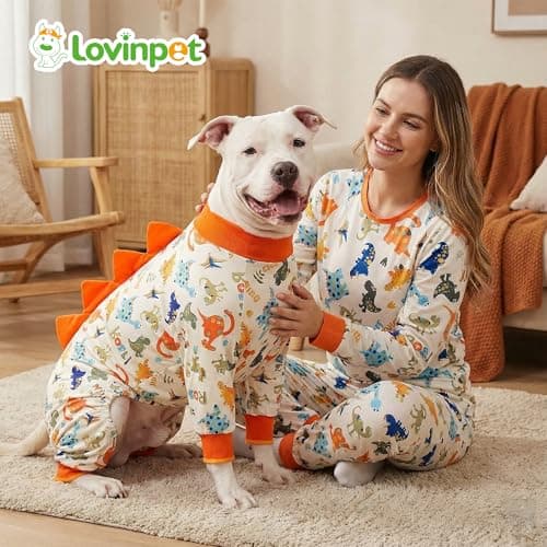 LovinPet Pajamas Set Long Sleeve Sleepwear for Women and Men, Soft Pull-On PJ Loungewear with Pockets, Matching Dog and Owner Pajamas, Dinosaur Print, Orange, 3XL - Thumbnail 3