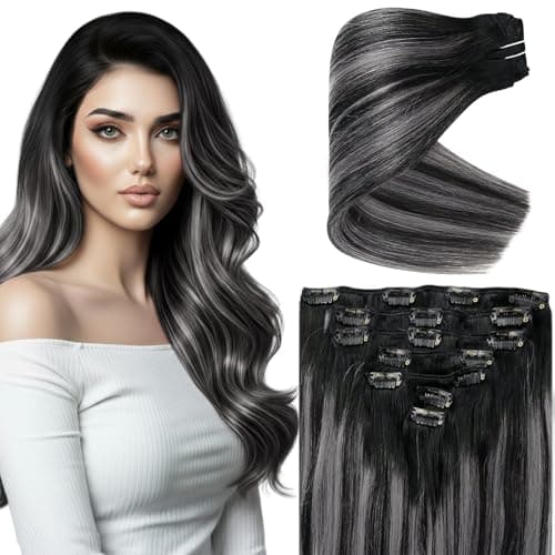 Ve Sunny Clip in Hair Extensions Real Human Hair Balayage Ombre Real Hair Extensions Clip ins Human Hair Black Mix Grey Silver Long 7pcs 120g 22 Inch