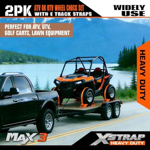 XSTRAP STANDARD Wheel Chock E-Track Tie Down Straps Kit, 2 Pack 2’’ x 9FT Over-The-Tire Ratchet Straps with Steel Wheel Chocks, 1466 lbs WLL for ATV, UTV, Lawn Mower, Trailer Hauling, Orange - Thumbnail 2