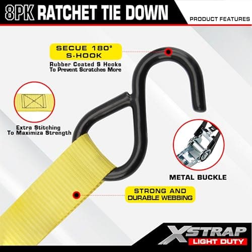 XSTRAP STANDARD Ratchet Tie Down Straps - 8PK - 1'' x 10 ft - 900 LB Break Strength Cargo Straps for Moving Appliances, Lawn Equipment, Motorcycle Yellow - Thumbnail 5