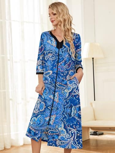 PITINAN House Dresses For Women With Pockets Zipper Front Robes Summer Robe Dusters For Women Plus Size Bathrobe for Womens House Coat Mom Gifts Blue Paisley XL - Thumbnail 4