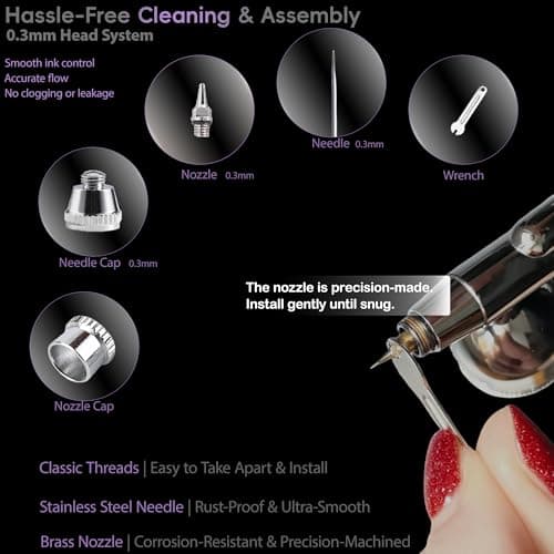 RDSWA Airbrush Kit, Dual-Action Spray Gun with 0.3mm Needle Sets and Gravity Feed 7cc Fluid Cup, Air Brush Gun Ideal for Nail Paint, Makeup, Barber, Cake Decorating, Model,Tattoo Silver - Thumbnail 4