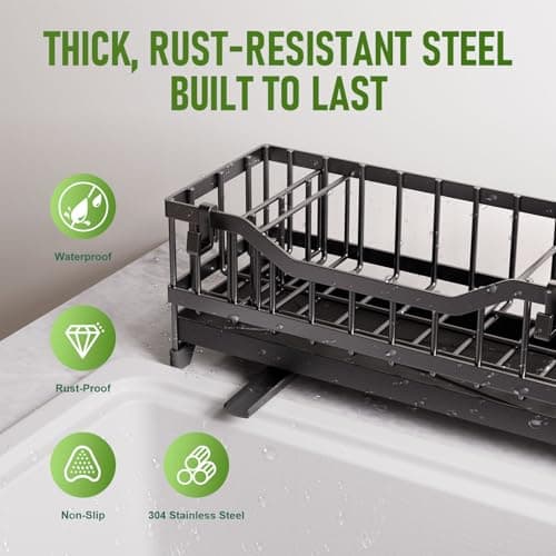 Sponge Holder for Kitchen Sink, Kitchen Sink Caddy with Long-Handled Dish Brushes Holder, 304 Rustproof Stainless Steel Countertop Organizers and Storage, Home Kitchen Sink Accessories (Black) - Thumbnail 4