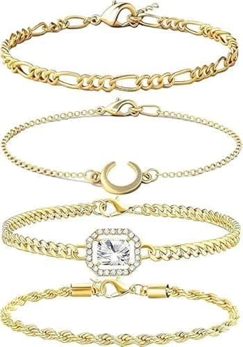 Alegend Bracelets Sets 14K Gold Plated Stackable Bold Twisted Rope, Romantic Crystal, Delicate Chains with moon charm Four-Layered Design - Image 1