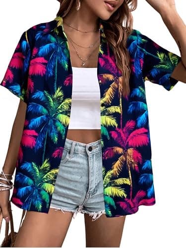 Button Down Hawaiian Shirt for Women Tropical Floral Tshirt Summer Beach Vacation Tops Blue - Image 1