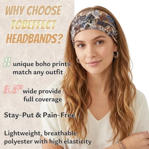 Tobeffect Headbands for Women Boho Bandana Headband: Wide Head Bands for Women's Hair Non Slip for Summer Beach, Fashion Thick Hairband 8 Pack - Thumbnail 3