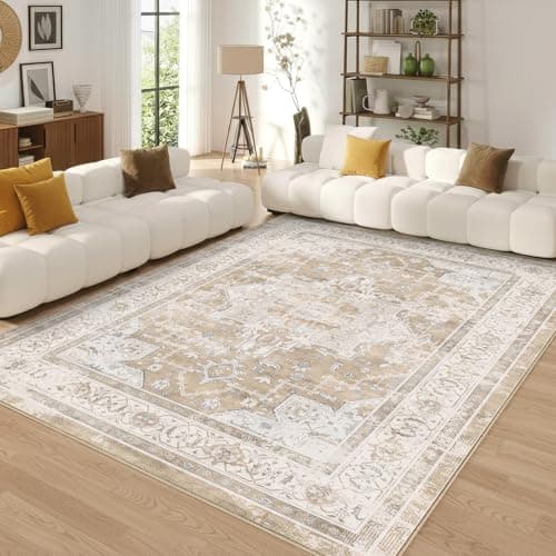 Vintage 8x10 Area Rugs Living Room: Washable Boho Large Neutral Vintage Soft Rug Stain Resistant Distressed Farmhouse Non-Slip Patterned Carpet for Bedroom Nursery Kids Office Dining Room-Beige Brown - Thumbnail 2