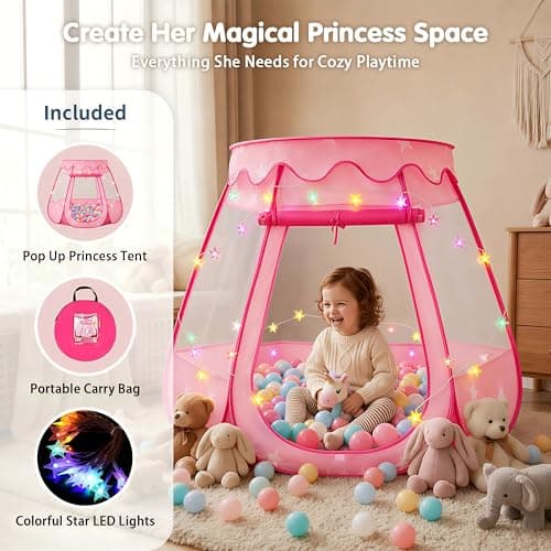Pop Up Princess Tent with Colorful Star Lights for 1 2 3 Year Old Birthday Gift, 12-18 Months Baby Girl Toys, Foldable Ball Pit with Carrying Bag, Indoor&Outdoor Play Tent for Kids - Thumbnail 3