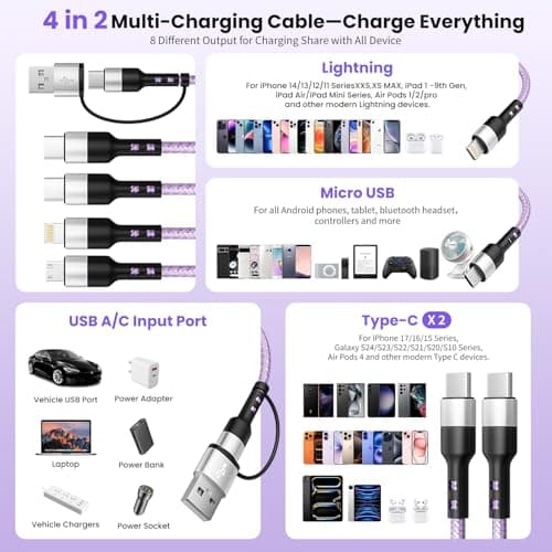 4-in-2 Dual Type-C Multi Charging Cable [2Pack-5FT], Nylon Braided Travel Essential for Airplane Cruise, USB A/C to Dual C/IP/Micro USB, Compatible with iPhone 17-8 Android iPad Galaxy Tablet - Thumbnail 3
