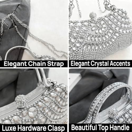 LUKLUKTAISUN 2026 Fringe Rhinestones Clutch Purse for Women Elegant Mesh Evening Bag Crystal Handbag for Prom Wedding(Silver) - Thumbnail 3