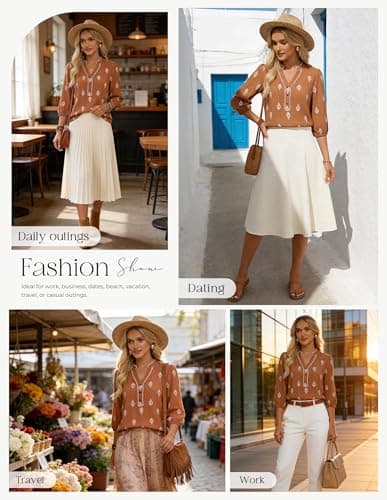 GRACE KARIN Boho Tops for Women Summer, Dressy Casual Floral Blouses, V Neck Button Up 3/4 Sleeve Shirts for Vacation Brown XL - Thumbnail 4