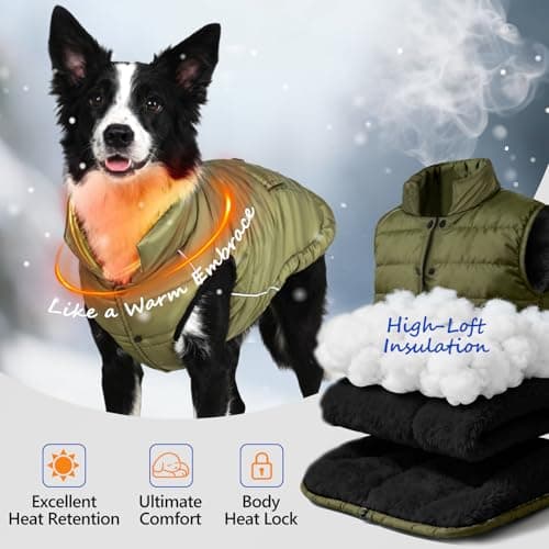 Dog Winter Puffer Jacket Waterproof, Reflective Furry Fleece Lined Dog Coats for Small Medium Dogs, Warm Snow Coat, Insulated Cold Weather Dogs Vest Jackets with Leash Hole, Olive - Thumbnail 2