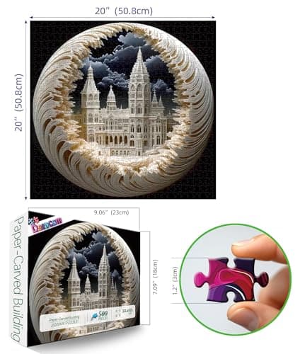 Deepcom 500 Piece Jigsaw Puzzle for Adults, 3D Visual Intricate Cathedral Architecture Design, 500 Pieces Round Puzzle for Adults, Unique Impossible Difficult Hard Challenging Jigsaw Puzzles - Thumbnail 2