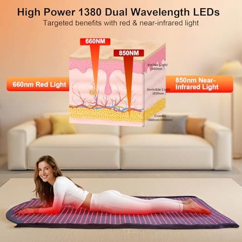 Red Light Therapy Mat Full Body, 71"x33" Red Light Therapy Blanket with Premium Leather, 1380 LEDs Dual Wavelength 660nm & 850nm Near Infrared Therapy Pad for Home Use,W1370 - Thumbnail 4