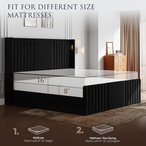 Uteeran King Size Bed Frame with 55.1" Tall Headboard, Velvet Upholstered Platform Bed with Channel Tufted Wingback, 2 Reading Lights/Storage Shelf/Charging Station/Easy Assembly/Noise-Free, Black - Thumbnail 5