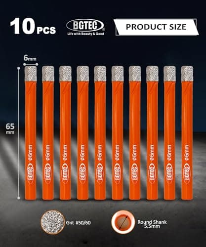 Dry Diamond Drill Bit Set,BGTEC 10pcs 1/4" 6mm Hole Saw for Granite,Marble,Masonry, Concrete, Tile/Ceramic, Glass, Hard Plastic,Vacuum Brazed Diamond Core Drill Bit Kit - Thumbnail 2