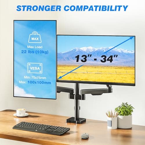 Premium Dual Monitor Desk Mount Stand for 17"-34" Screens, Taller Monitor Stand Hold up to 22lbs, Full Motion Height & Angle Adjustable with Tilt, Swivel, Rotation, VESA 75/100mm - Thumbnail 5