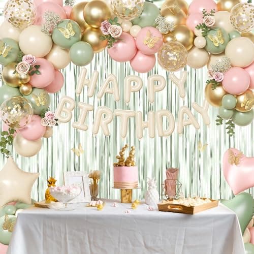 Pink and Sage Green Birthday Decorations, Pink Green Sand White Metallic Gold Foil Confetti Balloons Happy Birthday Banner Gold Butterfly Fringe Curtains Birthday Decorations for Women Girls Teens - Thumbnail 2