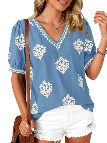 BTFBM Casual Summer T Shirts Going Out Tops for Women Beach Vacation Clothes Short Sleeve Blouses V Neck Boho Tunicss(Light Blue Apricot Flower,XX-Large) - Image 1