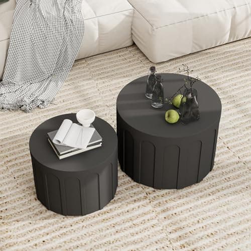 Furnivado Nesting Coffee Table Set of 2, Modern Round Coffee Table with Non-Slip Feet, Wooden Circle Accent Tables for Small Spaces, Side End Table for Living Room, Bedroom, Balcony, Office, Black - Thumbnail 6
