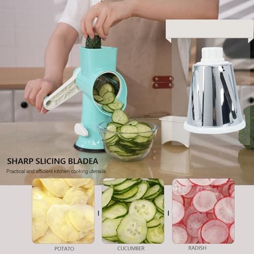 Rotary Cheese Grater with Handle-Versatile Cheese Grater Non-Slip Suction Base,Cheese Shredder & Food Slicer for Cheese,Carrots, Cucumbers,Nuts-Compact & Easy Clean Kitchen Kitchen Tool (blue) - Thumbnail 4
